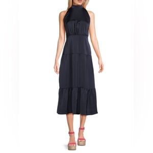 NWT Sam Edelman High Neck Tiered Tie Back Midi Dress Navy Sz 2 Classic Minimal